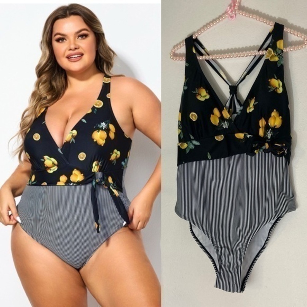 Meet Curve Swim lemon stripe size one piece swimsuit L